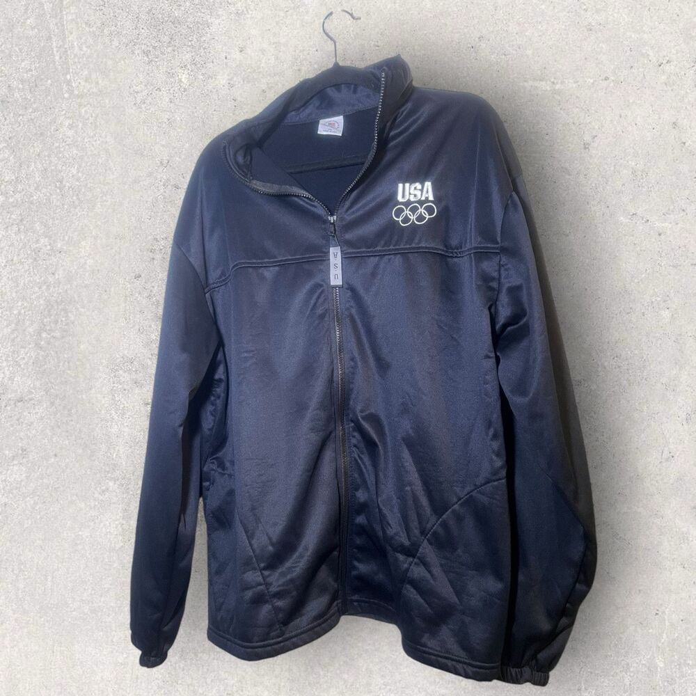 Vtg USA Olympic Committee Embroidered Track Warm Up Navy Blue Jacket Zip MensXXL